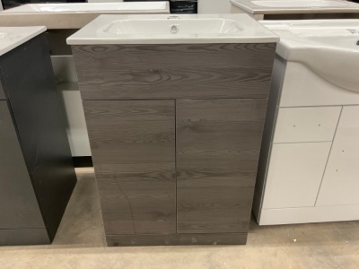 600mm 2 Door Floorstanding Dark Oak Vanity Unit with 1 Tap Hole Ceramic Basin