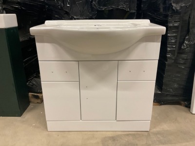 850mm White Gloss Vanity Unit, 2 x Drawers, 3 x Doors with 1 Tap Hole Ceramic Basin