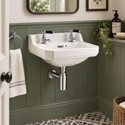 Hudson Reed Wall Hung Traditional Cloakroom Basin with 2 x Traditional Basin Taps, Waste & Traditional Chrome Bottle Trap