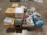 LOT TO INC. ASSORRED UNUSED CLIPS, UNSULATION TAPE, EARTH SLEEVING, GROMMETS, CONNECTORS, JUNCTION BOXES ETC