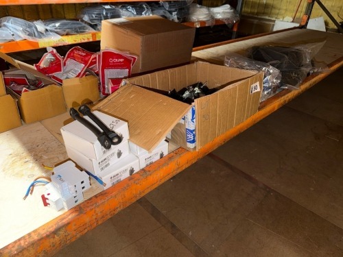 LOT TO INC. UNUSED BREAKER SWITCHES, RUNNER TROLLYS, 240V & 3 PHASE PLUGS, DUEL FUNCTION CAB-80 CABLES
