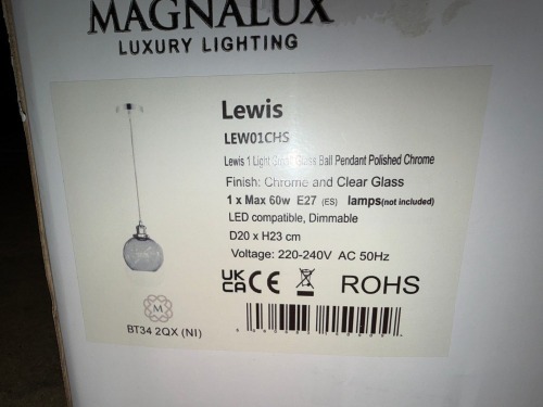 MAGNALUX LEWIS LEW01CHS SMALL GLASS BALL PENDANT POLISHED CHROME LIGHT