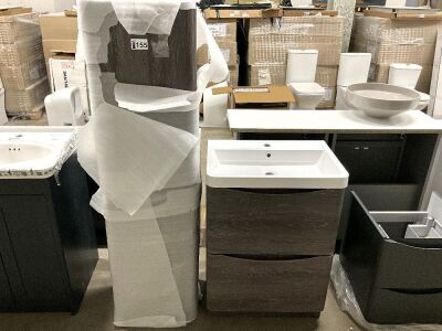 Dark oak-effect 2 drawer floor standing vanity unit, basin & matching tall wall hung storage unit&nbsp;