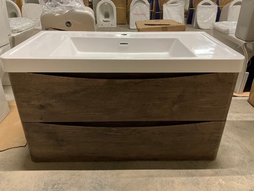 Approx. 900mm Baltimore Wall Hung 2 Drawer Vanity Unit Chestnut & White 1 Tap Hole Polymarble Basin