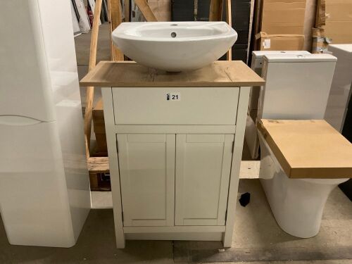 Freestanding 600mm 2 Door Vanity Unit&nbsp;In Porcelain with Oak Effect Worktop & Semi Recessed Ceramic Basin&nbsp;