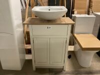 Freestanding 600mm 2 Door Vanity Unit&nbsp;In Porcelain with Oak Effect Worktop & Semi Recessed Ceramic Basin&nbsp;
