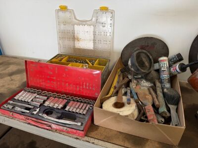LOT TO INC. SOCKET SET, SCREW TOOL BOX, ASSORTED HAND TOOLS