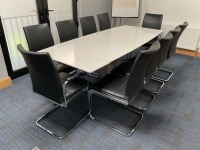 1600mm EXTENDABLE WHITE HIGH GLOSS BOARDROOM/ DINING TABLE & 10No. HIGH BACK CHROME LEG CHAIRS