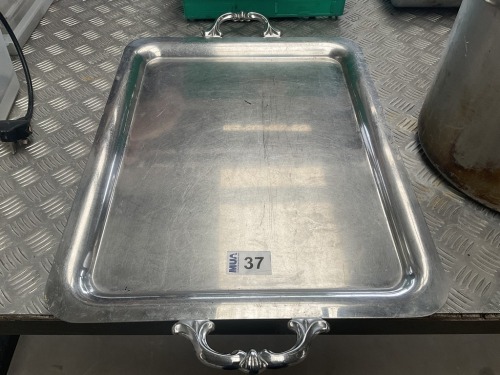 RECTANGULAR STAINLESS STEEL SERVICE TRAY WITH HANDLES