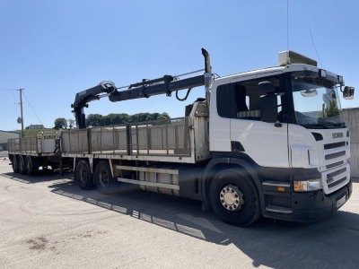 SCANIA P420 6x4 HIAB CRANE LORRY & TRI AXLE DRAG TRAILER